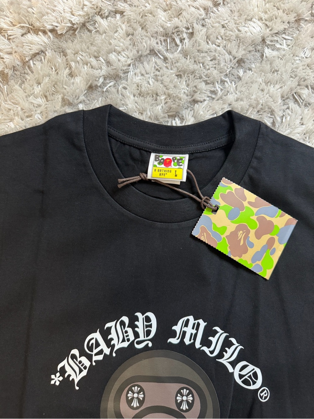 Bape Black BABY MILO Graphic Tee with Grey Character Print - Picture 2 of 5